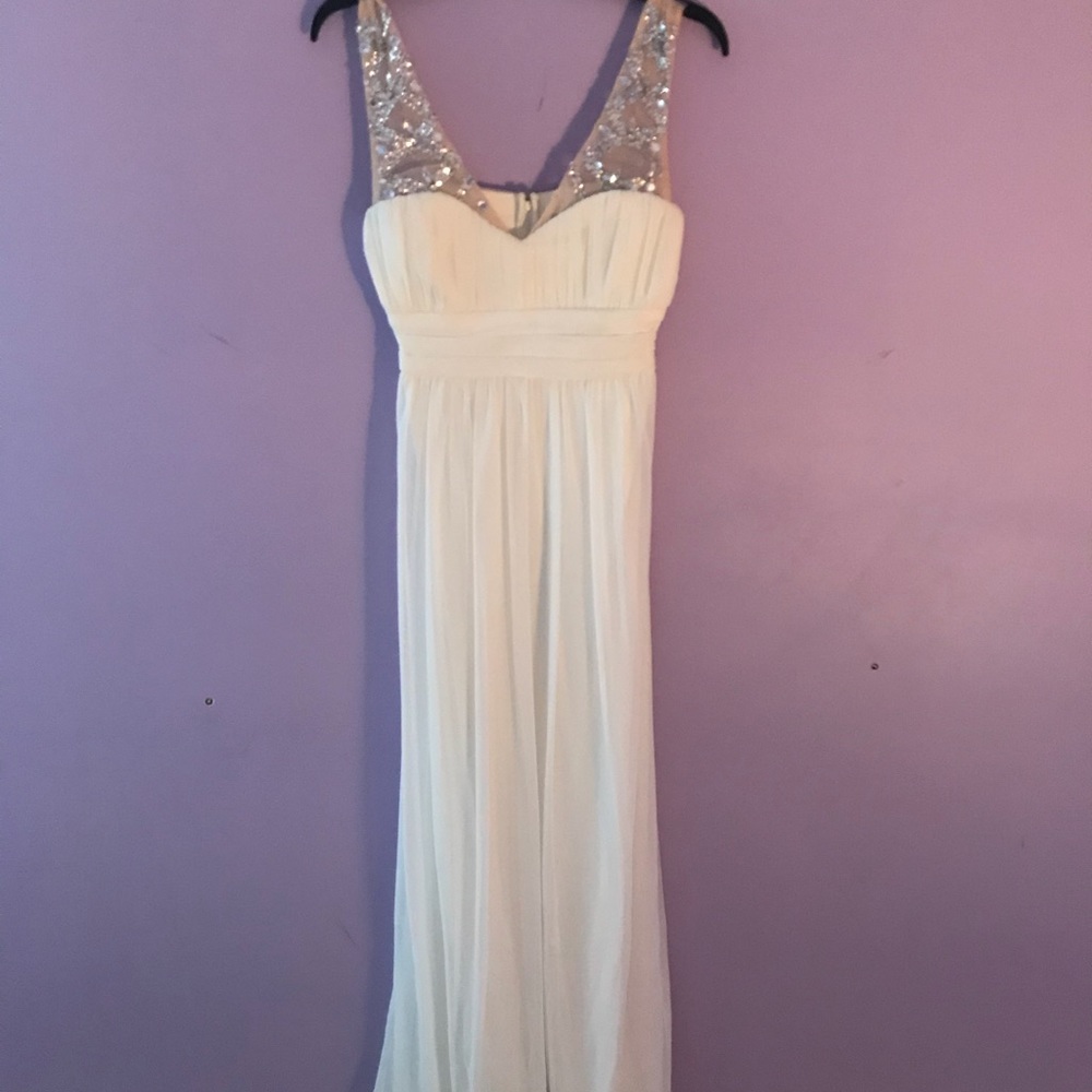 Empire waist, white rhinestone gown
